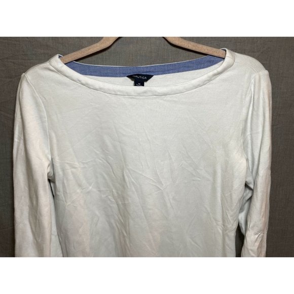 Nautica Shirt‎ Womens Medium White Round Neck Contrast Cuff Long Sleeve Ladies. - Picture 2 of 9